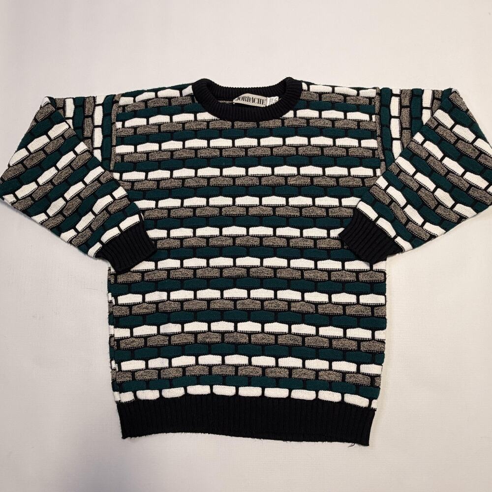 Vintage Jordache Sweater Mens Large Green Black Geometric Crewneck USA Knit 90s
